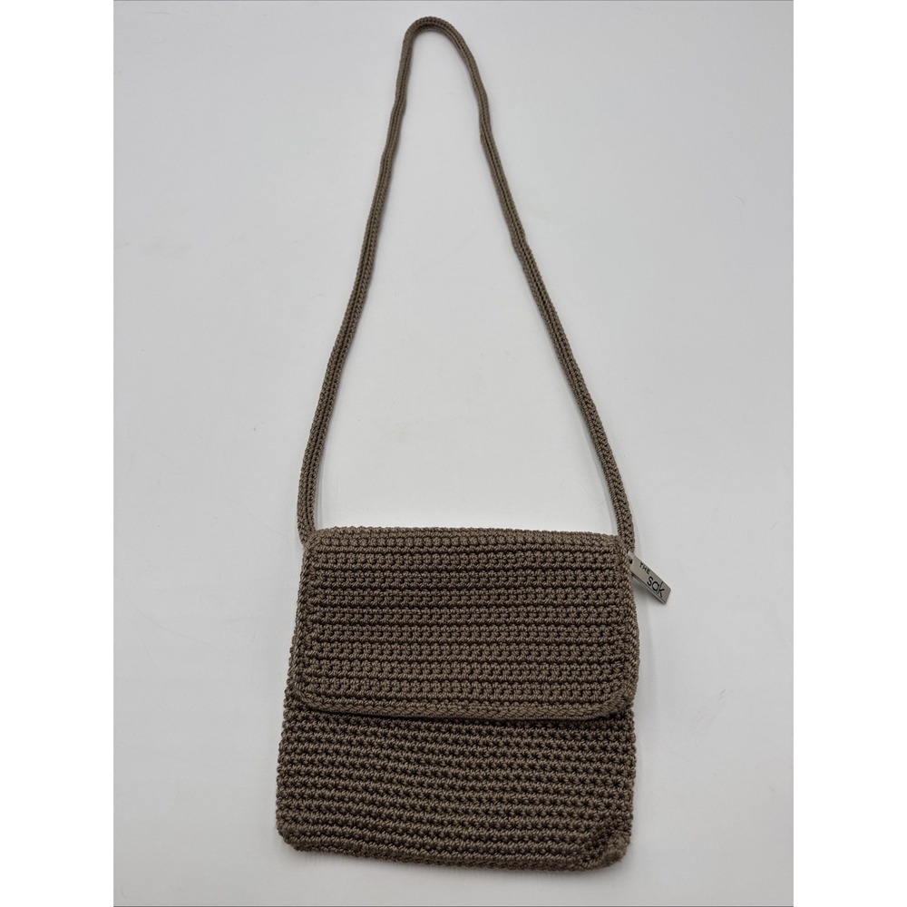 Vintage 90's THE SAK Small Taupe Crochet Knit Boho Crossbody Handbag Purse Y2K